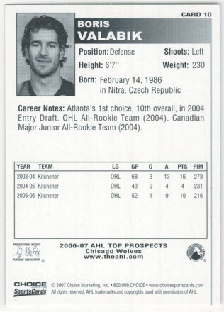2006-07 AHL Top Prospects č. 10 Boris Valábik RC
