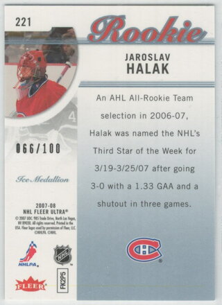 2007-08 Ultra Ice Medallion č.221 Jaroslav Halák RC 066/100