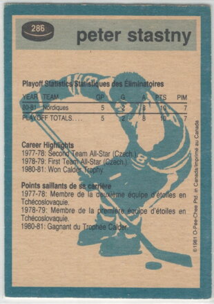 1981-82 O-PEE-CHEE č. 286 Super Action Peter Šťastný