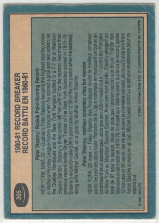 1981-82 O-PEE-CHEE č. 395  Record Breaker Peter Šťastný