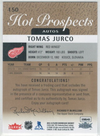 2013-14 Fleer showcase Hot prospects Autograph RC č.150  Tomáš Jurčo 109/149 