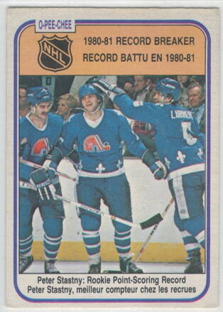 1981-82 O-PEE-CHEE č. 395  Record Breaker Peter Šťastný